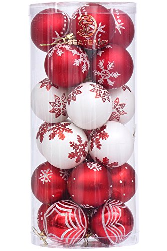 Sea Team 60mm/2.36″ Delicate Contrast Color Theme Painting & Glittering Christmas Tree Pendants Decorative Hanging Christmas Baubles Balls Ornaments Set – 24 Pieces (Red & White)