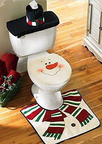 Towallmark New Snowman Santa Toilet Seat Cover and Rug Set for Bathroom Christmas Decorations