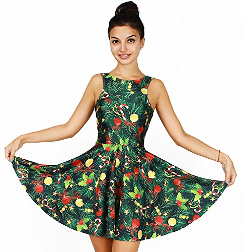 Cute Christmas Tree Print Tank Dress Sleeveless Pleated Skater Skirt Costume