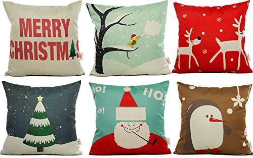 HOSL SD21 Merry Christmas Series Blend Linen Throw Pillow Case Decorative Cushion Cover Pillowcase Square 18″ – Set of 6