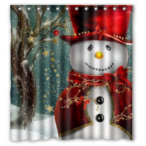 Christmas Snowman Gift Tree Santa Design of Waterproof Bathroom Fabric Shower Curtain with 12hooks 66″x72″