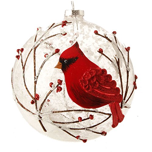Snowy Red Cardinal & Branches Glass Ball Christmas Tree Ornament, 5 Inches