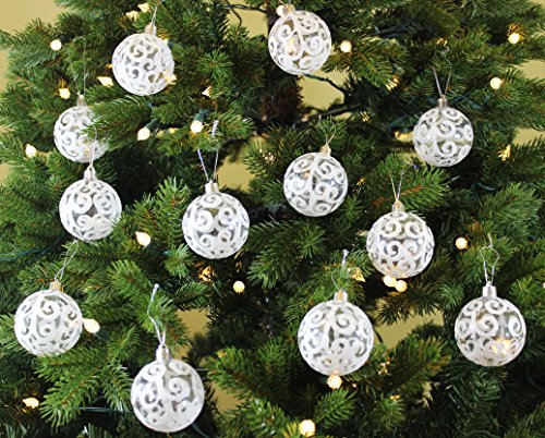“Transparent White Swirl” Clear Shatterproof 2.36″ (60mm) Christmas Tree Ball Ornaments – Set of 12 with Storage Box