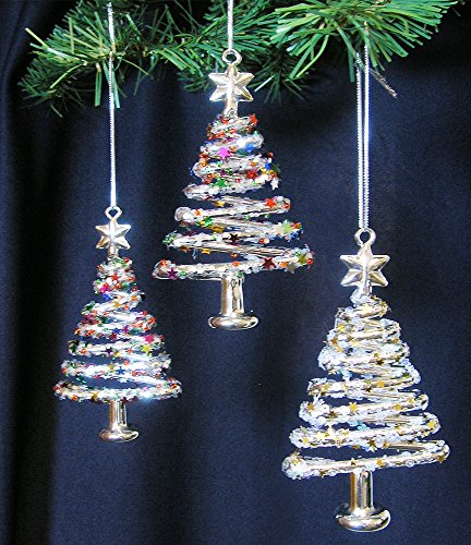 Glass Christmas Tree Ornaments – Set of 3 Xmas Trees with Stars & Snowflake Glitter – Glass Christmas Ornament Sets – Glittery Glass Ornaments