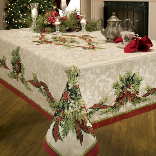 Benson Mills Christmas Ribbons Engineered Printed Fabric Tablecloth, 60-Inch-by-84 Inch
