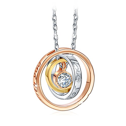 QIANSE I Love You Mom 925 Sterling Silver Necklace Engraved Script Trinity CZ Pendant Necklace Rose Gold Plated Jewelry for Women Christmas Gifts for Mom Birthday Gifts Anniversary Gifts for Wife