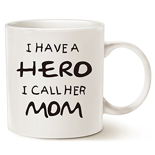 Christmas Gifts for Mom Coffee Mug – I HAVE A HERO I CALL HER MOM – Funny Best Father’s Day and Birthday Gifts for Mom, Mother, Grandma Porcelain Cup, White 14 Oz by LaTazas