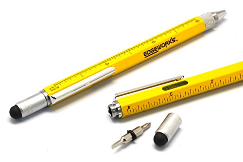 Screwdriver Pen Pocket Multi-Tool By EdgeWorks – Multi-Functional & Sturdy Aluminum DIY Tool, With Screwdriver, Stylus, Bubble Level, Ruler & Phillips Flathead Bit, Unique Gift Idea – Yellow