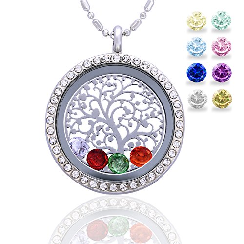 Family Tree of Life Birthstone Necklace Jewelry – Gifts for Mom Floating Charm Living Memory Lockets Pendant
