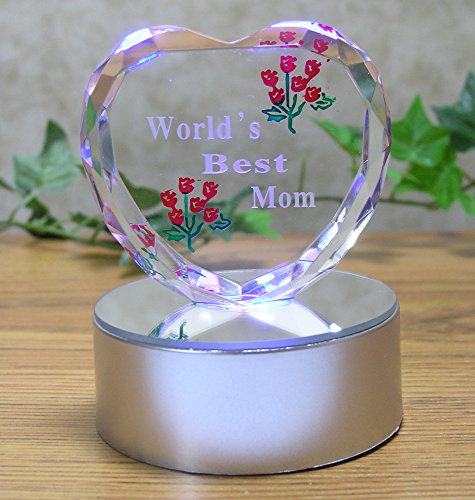 Light up LED Heart for Mom – Worlds Best Mom – Etched Glass Heart on LED Lighted Base – Gifts for Mom – Mom Gifts