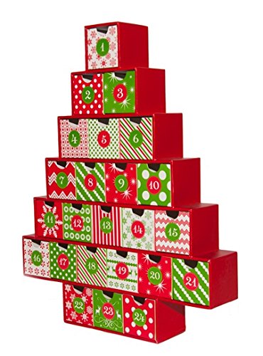 Simply Baked Treasure Box Advent Calendar, Medium, Red and Green Pattern, Heirloom Quality, 2″ High by 2″ Wide by 2″ Deep box drawers