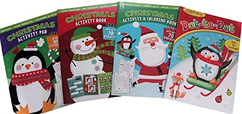 Christmas Coloring And Activity Books for Kids- Set Of 4 Books – Lots of Puzzles, Mazes, Dot to Dot, Coloring And Drawing Pages, Word Searches And Stickers – Great Bundle