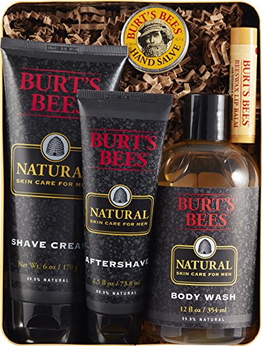 Burt’s Bees Men’s Gift Set, 5 Natural Products in Giftable Tin – Shave Cream, Aftershave, Body Wash, Hand Salve, Original Beeswax Lip Balm