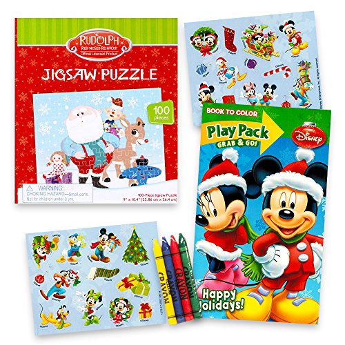 Disney Mickey Mouse Christmas Activity Set Kids Toddlers — Rudolph Puzzle, Coloring Book, Crayons and Stickers!