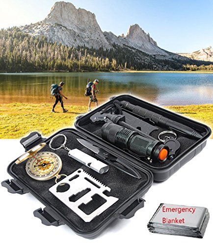 Emergency Survival Gear Kit, 10 in 1 Outdoor Survival Tool EDC with Fire Starter, Flashlight, Whistle, Compass for Camping Fishing Kit Travel Wild Adventure Earthquake Birthday Mens Christmas Gift