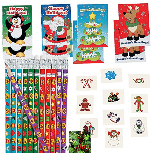 Christmas Party Favors for 24 Kids – 24 MINI Activity Books, 24 Emoji Christmas Pencils, 72 Holiday Tattoos, and a Joy Magnet (Bundle of 4 Different Items), Total 121 pieces