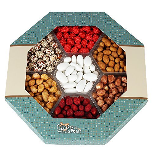 7 Mixed Delicious Nuts – Holiday Gift Basket with 6 Assorted Peanuts – Sugar Coated, Honey Glazed, French Burnt, Butter Toffee, Crunchy BBQ Taste, Sesame Coated and Jordan Almonds by Give It Gourmet